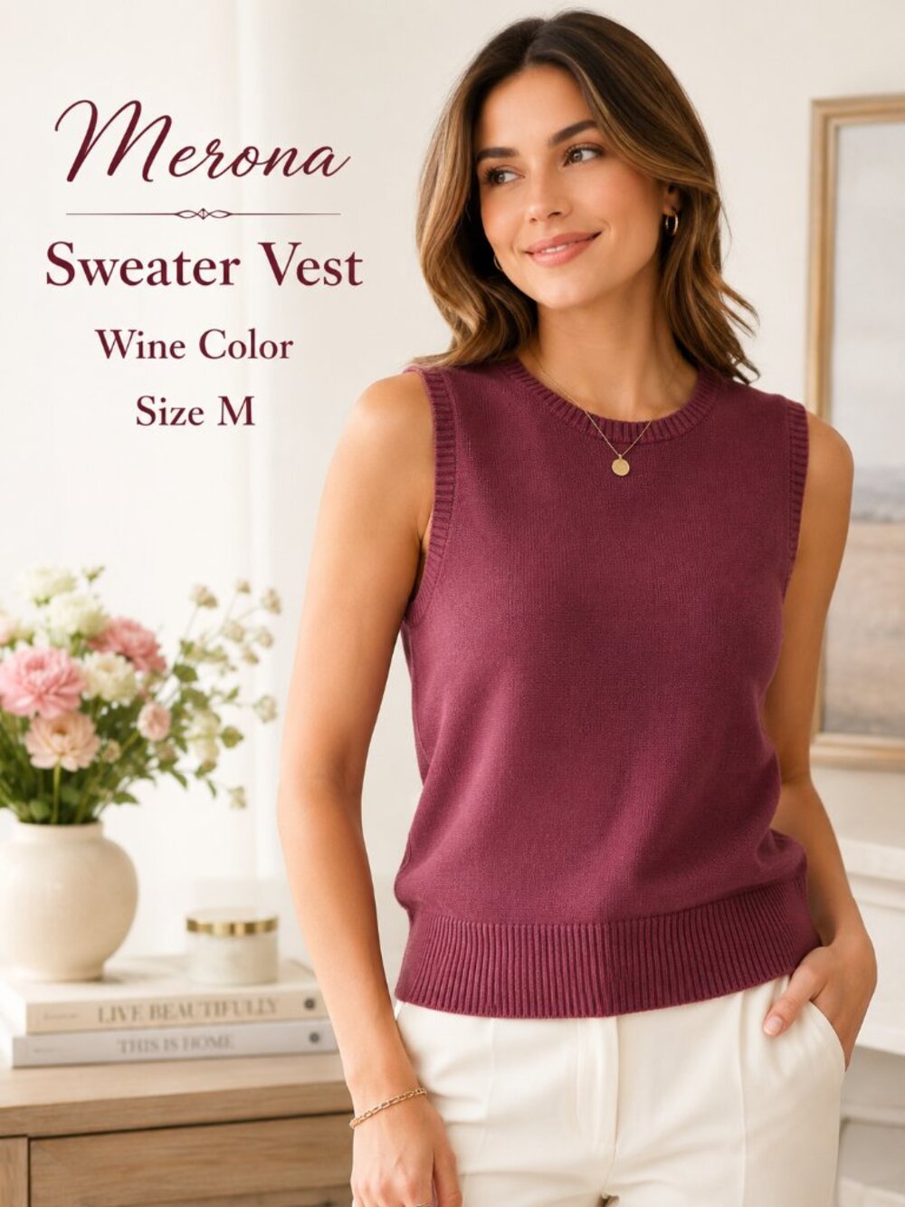 Merona Wine Sleeveless Sweater Vest Crew Neck Knit Top Size M GUC